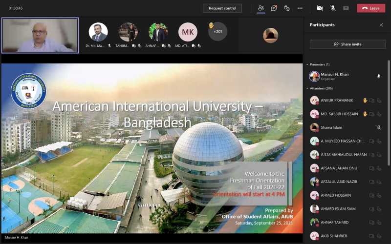 AIUB Virtual Freshmen Orientation for Fall 2021-22
