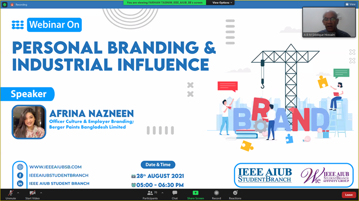 IEEE AIUB Student Branch Women in Engineering (WIE) Affinity Group successfully organized a webinar on “Personal Branding and Industrial Influence”