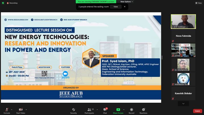 IEEE AIUB Student Branch successfully organized Distinguished Lecture Session on “New Energy Technologies: Research and Innovation in Power and Energy”