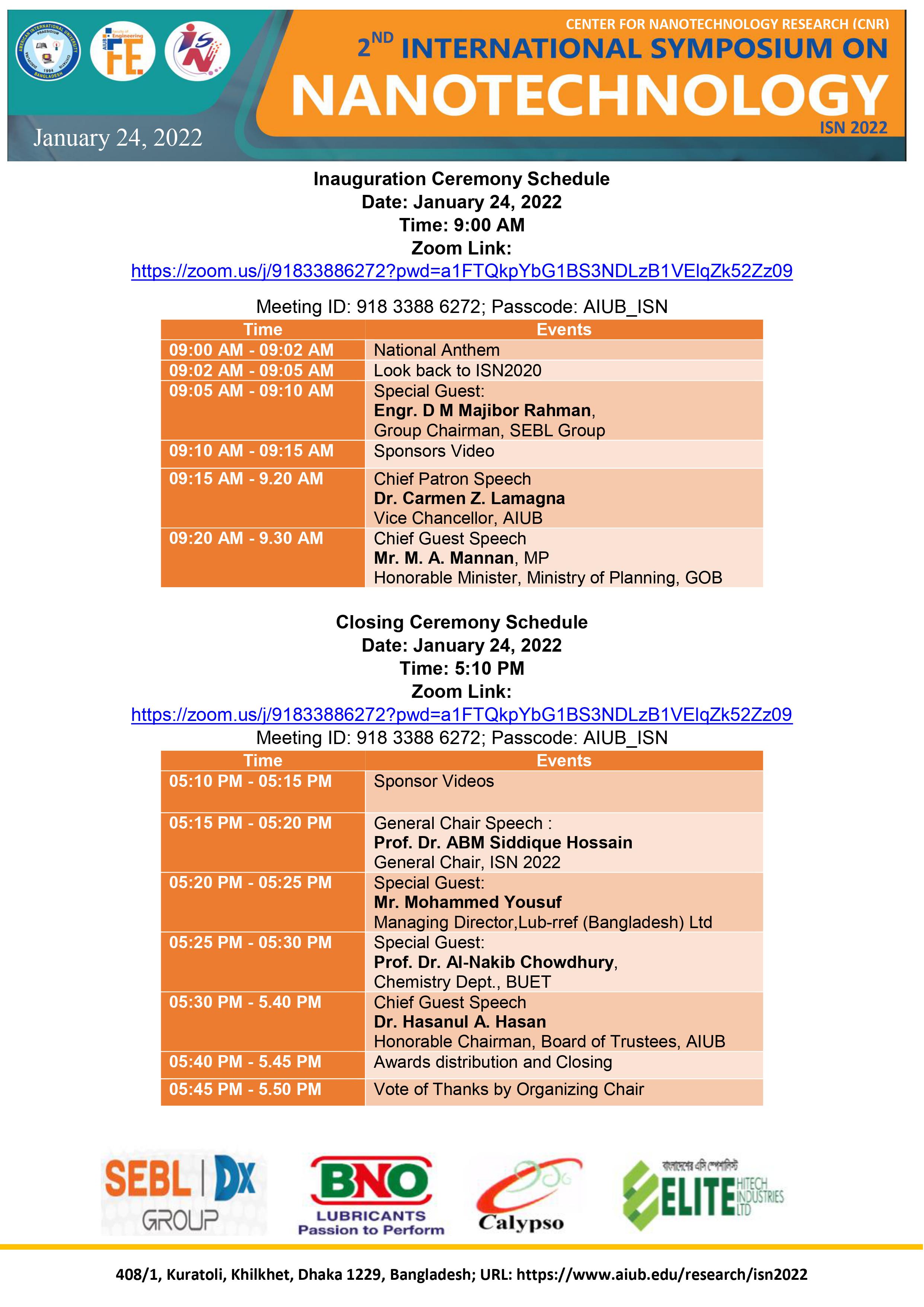 International Symposium on Nanotechnology (ISN2022) Inauguration Schedule