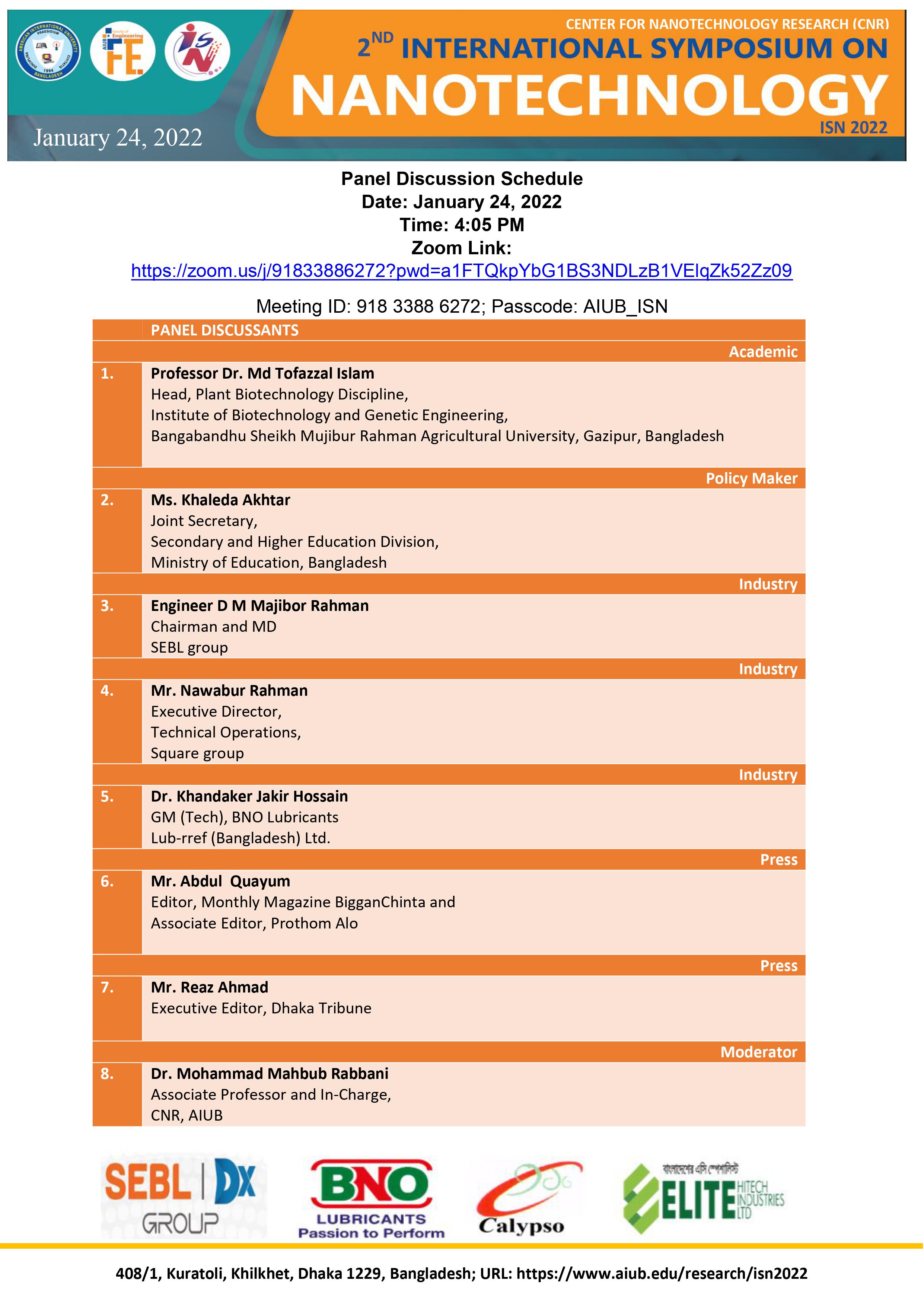 International Symposium on Nanotechnology (ISN2022) Panel Discussion Schedule